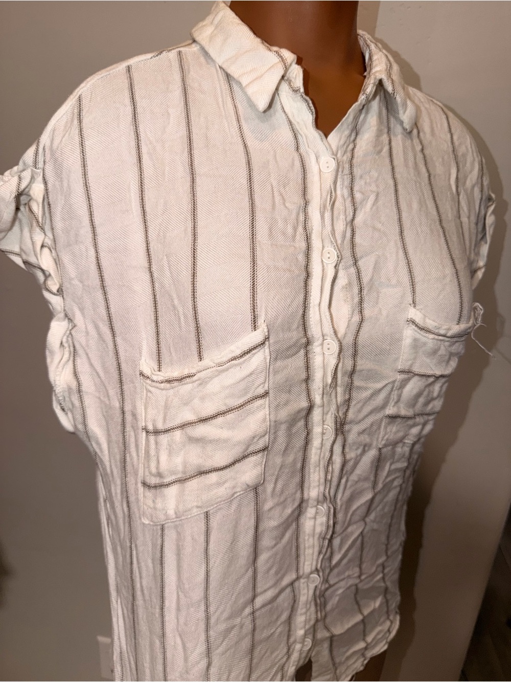 bohme Cream and Brown Striped Button-Up Blouse Linen shirt Blouse Medium women’s